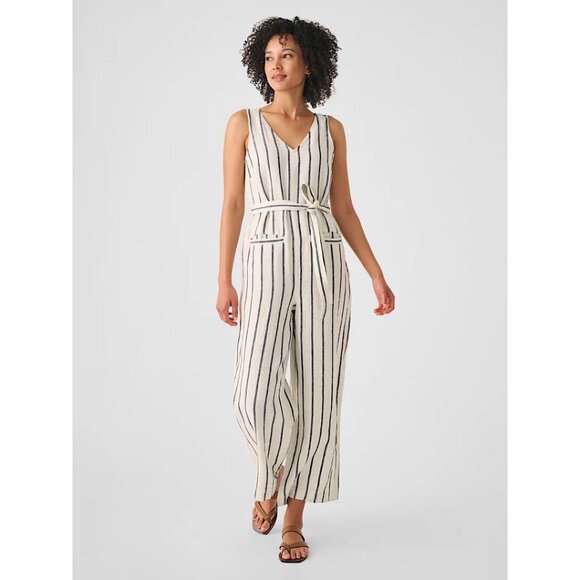 NEW Faherty Catalina Linen Stripe Sleeveless Waist Tie Wide Leg Jumpsuit Romper